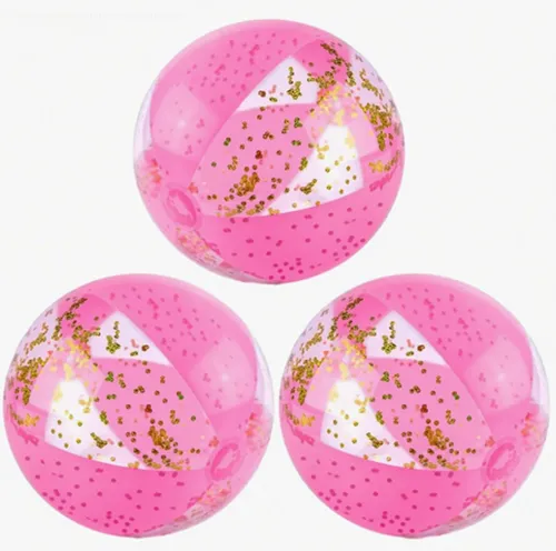 Un ensemble de trois boules de plage en plastique PVC rose et transparent avec des paillettes à l'intérieur. Produit vendu en ligne.