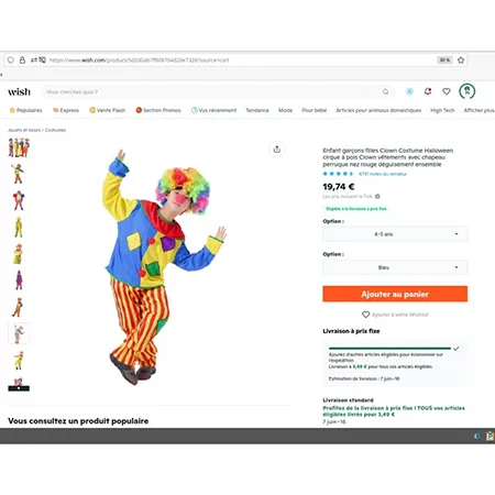Costume de clown. Produit vendu en ligne, notamment via Wish.
