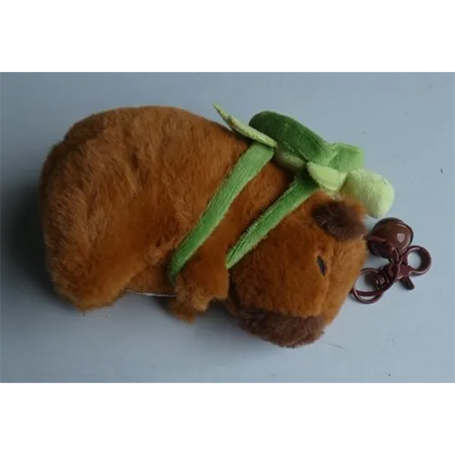 Porte-clés en peluche avec mousqueton en métal et une cloche en forme de marmotte portant un sac à dos en peluche détachable de tortue verte. Produit vendu en ligne, notamment via Wish.