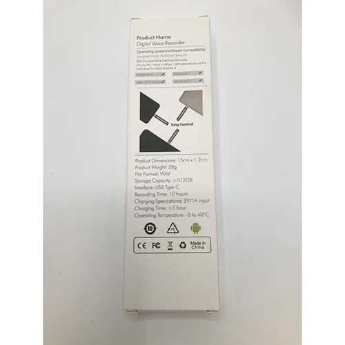 Stylo d'enregistrement vocal avec câble de chargement USB.