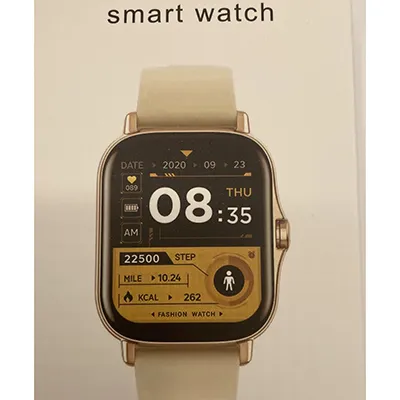 Smartwatch avec câble de charge. Produit vendu en ligne, notamment via AliExpress.