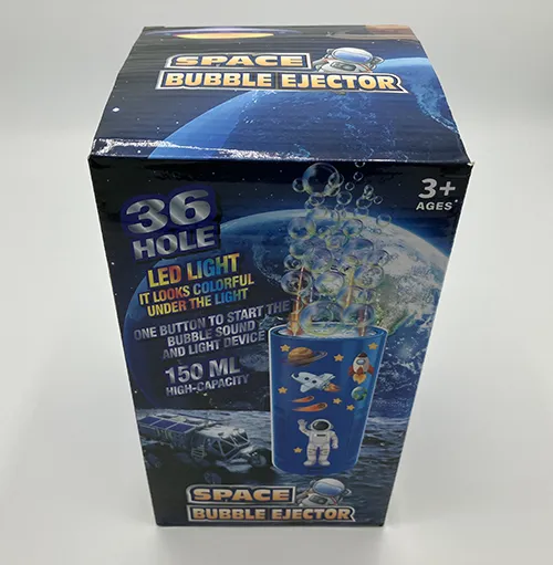 Appareil cylindrique, d'environ 40 cm de haut, avec un extérieur en plastique dur bleu doublé d'autocollants à thème spatial.
