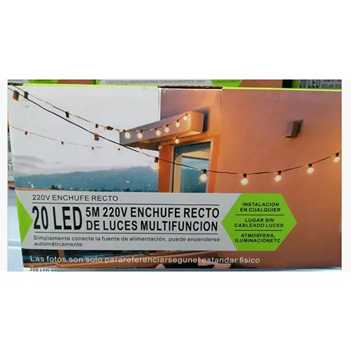Chaîne d'éclairage avec 20 pièces de LED non remplaçables, de cinq mètres de long. Tension 220 V.