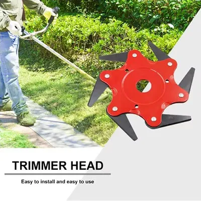Fixation pour débroussailleuses pour tailler et couper les bords de pelouse ou d'autres végétaux. L'accessoire de coupe comprend six couteaux mobiles qui peuvent être utilisés pour couper lorsqu'ils tournent à grande vitesse. Produit vendu en ligne, notamment via AliExpress (numéro d'identification: 1005006255656111).