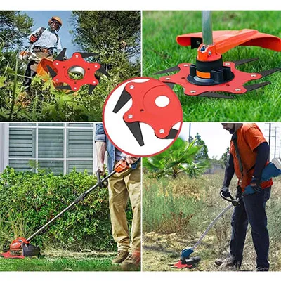 Fixation pour débroussailleuses, destinée à tailler et à couper les bords de pelouse ou d'autres végétaux. L'accessoire de coupe comprend six couteaux mobiles qui peuvent être utilisés pour couper lorsqu'ils tournent à grande vitesse. Produit vendu en ligne, notamment via AliExpress (numéro d'identification: 1005007309770395).