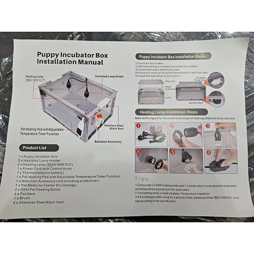 Une boîte d'incubateur pour animaux de compagnie avec un coussin chauffant installé. Produit vendu en ligne, notamment via Amazon.