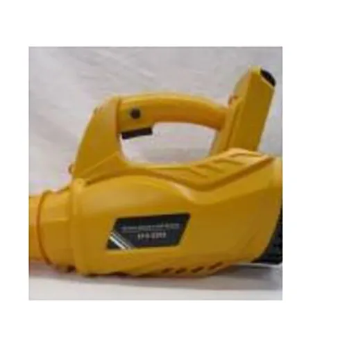 Un souffleur de feuilles jaune sans fil avec une batterie lithium-ion et une bandoulière.