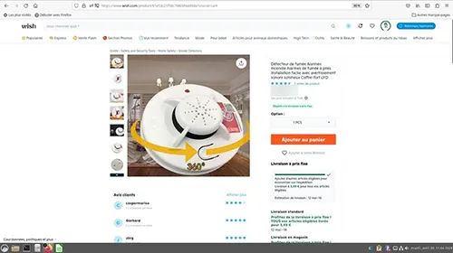 Détecteur de fumée à piles conçu pour un usage domestique. Produit vendu en ligne, notamment via Wish.