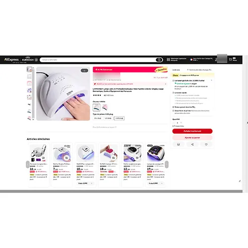Lampe à ongles UV. Tension d'entrée: 100-240 V AC, sortie: 24 V DC. Production actuelle: 2 R. Produit vendu en ligne, notamment via AliExpress (identifiant unique: 1005006072000368).