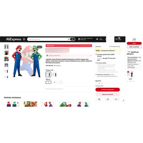 Costume de fantaisie de Mario avec des salopettes, une casquette et une moustache en feutre. Produit vendu en ligne, notamment via AliExpress (Identifiant du produit: 1005006727272467).