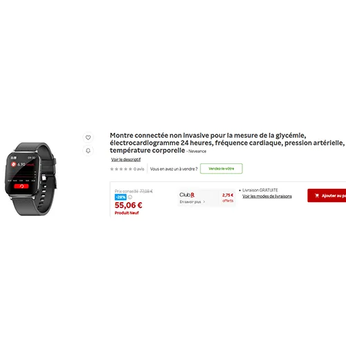 Montre intelligente non invasive, destinée à mesurer la glycémie, les données ECG sur 24 heures, la fréquence cardiaque, la pression artérielle et la température corporelle. Produit vendu en ligne, notamment via Raktuen France.