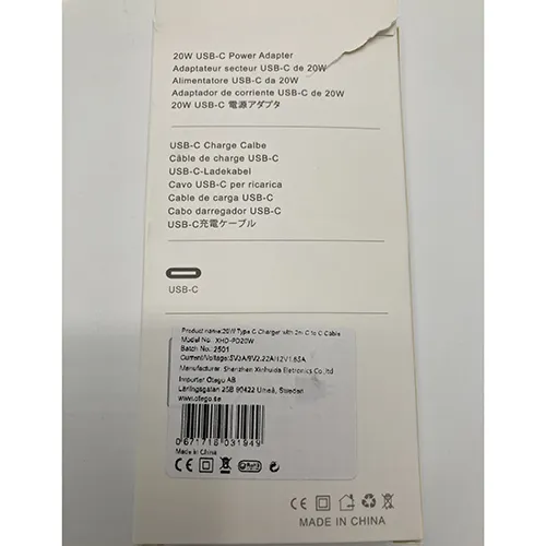 Adaptateur d'alimentation blanc 20W avec câble de charge USB-C.