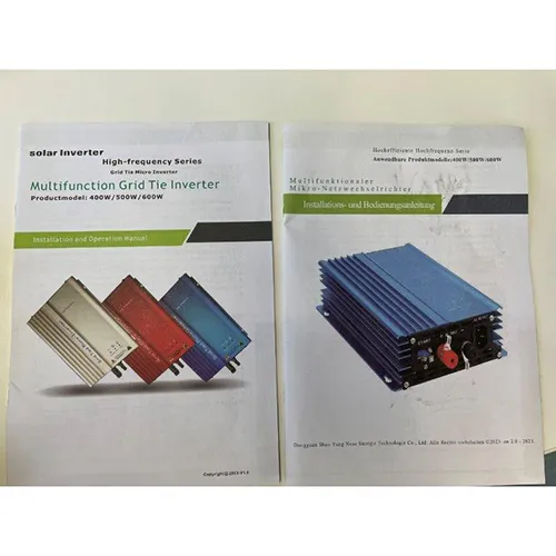 Onduleur solaire pour convertir le courant continu (CC) d'un système photovoltaïque en courant alternatif (CA) à alimenter dans le réseau électrique. Tensions d'entrée de 16 à 28 Volts DC et une tension de sortie de 180 à 260 Volts. Produit vendu en ligne, notamment via Amazon (ASIN: B0C9MPG46J).