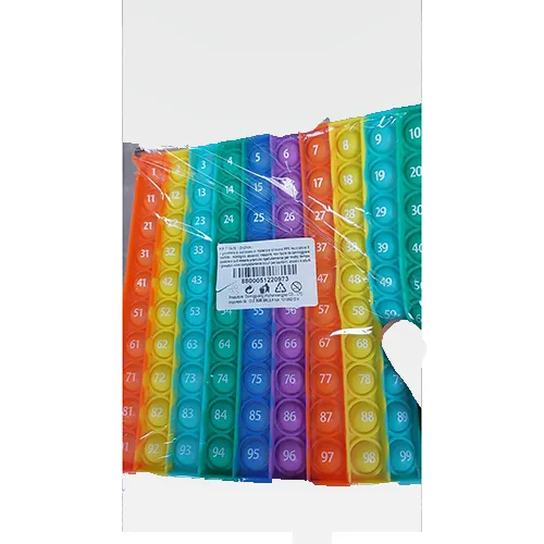 Pop-It fidget jouet, en plastique souple dans différentes couleurs, avec les numéros 1 à 100 sur eux. Livré avec un crochet en plastique noir dur.