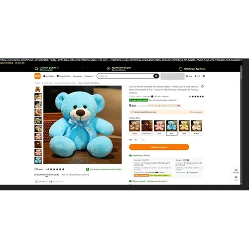 Jouet doux, en forme d'ours en peluche polyester avec noeud papillon, en plusieurs couleurs. Tous les lots sont concernés. Produit vendu en ligne, notamment via Temu (identifiant unique du produit: 601099546642677).