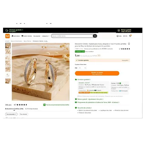 Paire de boucles d'oreilles croisées en métal doré avec une bande non métallique de paillettes collée à un anneau. Tous les lots sont concernés. Produit vendu en ligne, notamment via TEMU (identifiant unique du produit: 601099582004796).