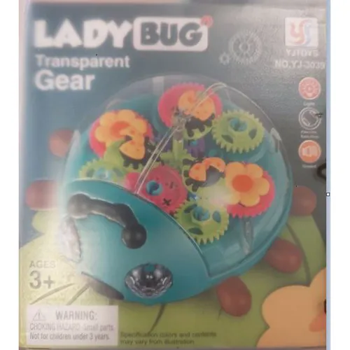 Jouet en plastique en forme de coccinelle avec des rouages colorés, émettant de la lumière et du bruit. Produit vendu en ligne, notamment via TEMU