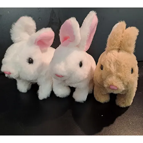 Jouet de lapin en peluche à piles. Produit vendu en ligne, notamment via Amazon.