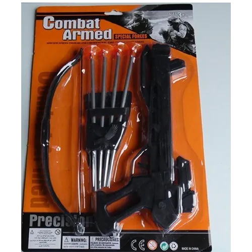 Jeu de tir en plastique composé d'un arc qui peut être attaché à un pistolet pour devenir une arbalète. Livré avec un carquois et quatre flèches, chacune incliné avec une ventouse.