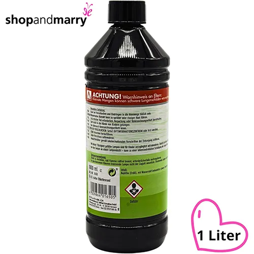 Huile de lampe inodore pour torches, lampes et usage intérieur, 1 l. Produit vendu en ligne, notamment via Amazon (ASIN: B0CB6DC559).