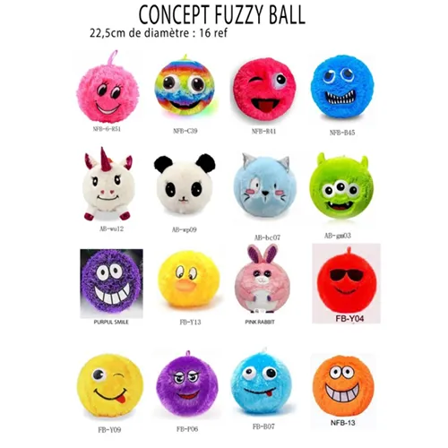 Jouet doux en forme de boule à fourrure, en différentes couleurs. Tous les modèles du produit sont concernés.
