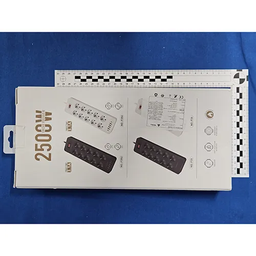 Rectangular white multi socket lead with 10 plug sockets, 4 USB type A and 2 USB type C. Measuring 32x10.5x4 cm and with a cable length of 1.88 m. 110 - 250 V~ ,10 A*, maximum 2,500 W, Protection class I, IP 20 USB- V, 3.1 A. Product sold online in particular via Amazon (ASIN: B0D3WKGBXH
