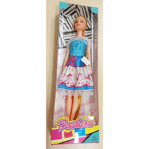 Plastic doll, with long braided hair and a colourful sleeveless dress. Size: 28 cm.