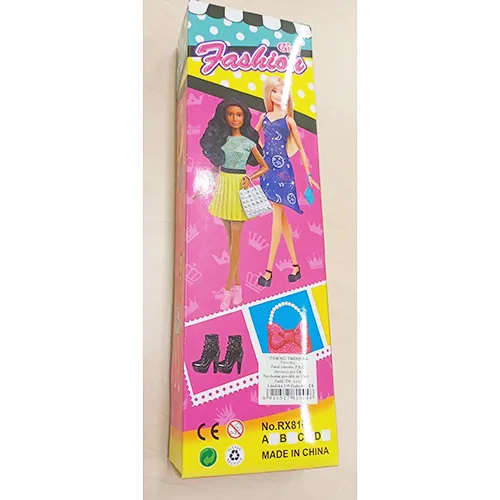 Plastic doll, with long braided hair and a colourful sleeveless dress. Size: 28 cm.