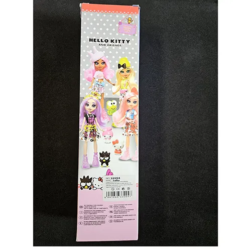 Poupée en plastique avec des vêtements colorés et des cheveux roses.