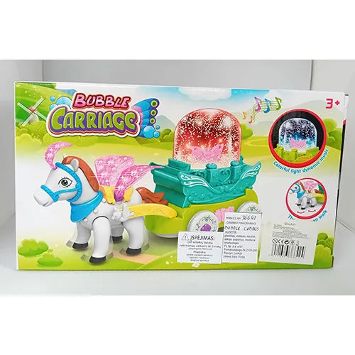 Jouet en plastique composé d'un cheval tirant un chariot.
