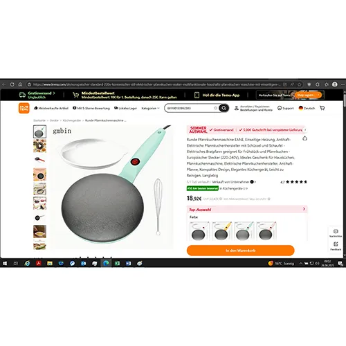 Appareil électrique pour faire des crêpes. Produit vendu en ligne, notamment via Temu Goods-ID: 601100130992383