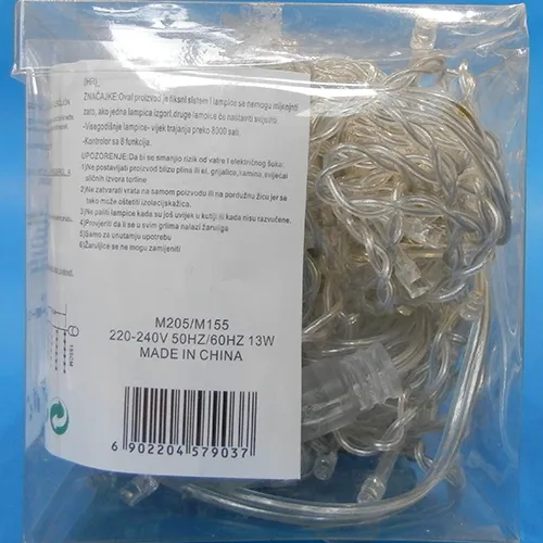 Chaîne d'éclairage décoratif extensible, 205cm x 155cm, en forme de rideau. Données techniques: 220-240 V; 50Hz/60Hz; 13 W, classe 0.