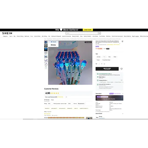 Stylo de jouet avec lumière LED. Produit vendu en ligne, notamment via SHEIN.