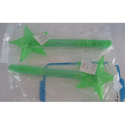 Baguette lumineuse en plastique vert avec lumières LED de différentes couleurs et plusieurs modes clignotants.