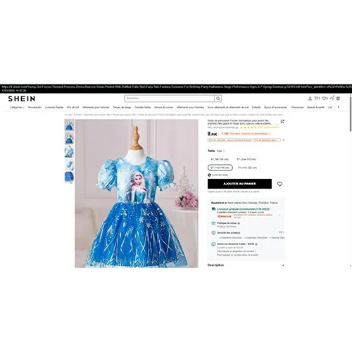 Costume de fantaisie en tissu bleu et blanc avec un voile en tissu bleu. Produit vendu en ligne, notamment via fr.shein.com (numéro d'identification unique: sk2412254123997662).