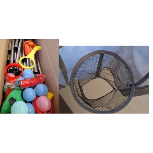 Un parc de jeux, destiné aux bébés, composé de petites balles et d'un cerceau de basket miniature. Produit vendu en ligne, notamment via Amazon.
