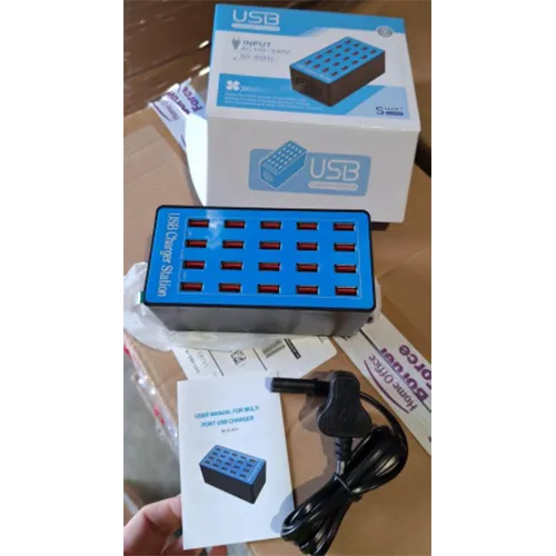 Chargeur USB avec 20 entrées USB-A, un câble et une prise murale. Produit vendu en ligne, notamment via Amazon (ASIN: X0028JW953).