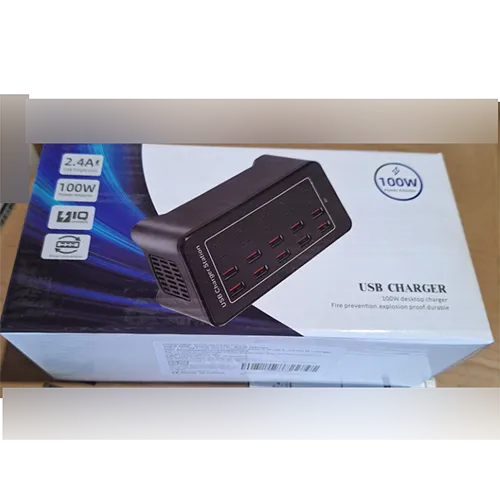 Station de charge USB avec huit ports USB-A, connexion secteur et prise murale, 100W. Produit vendu en ligne, notamment via Amazon.