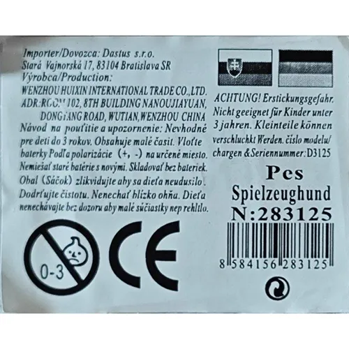 Jouet en peluche en forme de chien, vendu en différentes couleurs avec des arcs rouges attachés aux oreilles du jouet et un élastique avec une cloche attachée autour du cou du chien, et une laisse colorée se terminant par un os en plastique. Le jouet est alimenté par 2 piles AA.