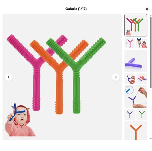 Jouet de dentition en plastique violet doux en forme de lettre Y, avec différentes textures. Produit vendu en ligne, notamment via eBay (identifiant unique: 197497295169).