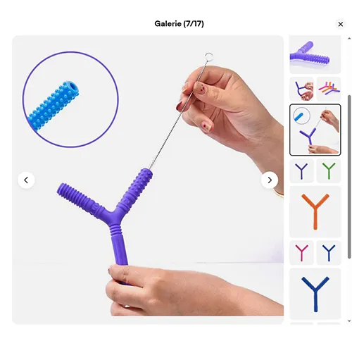 Jouet de dentition en plastique violet doux en forme de lettre Y, avec différentes textures. Produit vendu en ligne, notamment via eBay (identifiant unique: 197497295169).