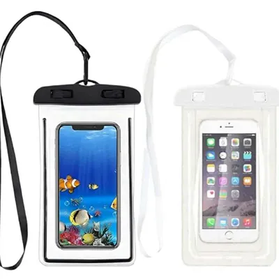 Ensemble de deux sacs étanches pour téléphones mobiles en plastique transparent. Produit vendu en ligne, notamment via Amazon (ASIN: B0CF9VZYYL).