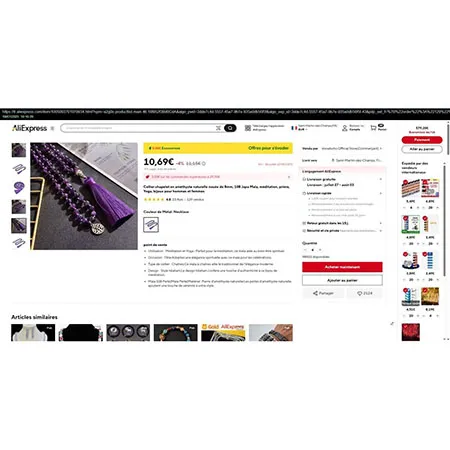 Collier de perles violettes avec un long pompon violet et des garnitures métalliques de couleur argentée. Produit vendu en ligne, notamment via AliExpress (identifiant unique: 1005003701979934).