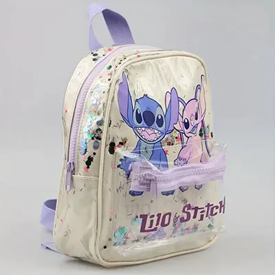 Sac à dos avec une impression de personnages d'animation Lilo et Stitch. Produit vendu en ligne, notamment via Temu (identifiant du produit: 601100079730305). Date de production: 2025/02/06