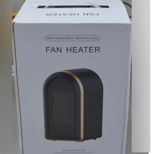 Chauffe-ventilateur portable avec prise murale attachée. Produit vendu en ligne, notamment via Amazon.