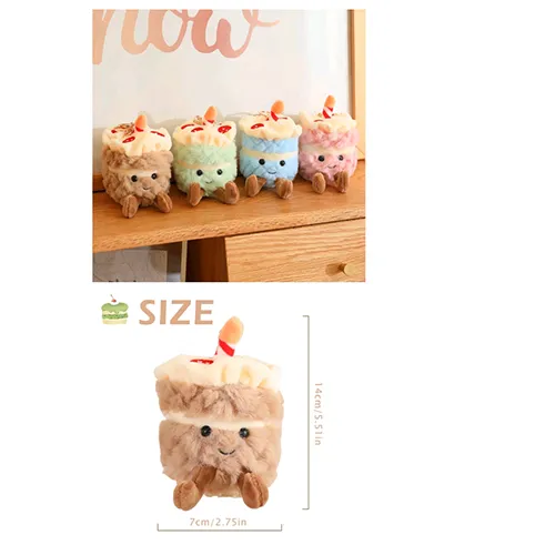 Porte-clés avec un jouet doux en forme de gâteau d'anniversaire avec des yeux en plastique et un fermoir en métal doré. Produit vendu en ligne, notamment via TikTok.