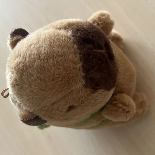 Porte-clés avec un jouet doux en forme de capybara brun avec un sac à dos en textile vert. Produit vendu en ligne, notamment via Amazon (ASIN: B0CP6VKLGP).