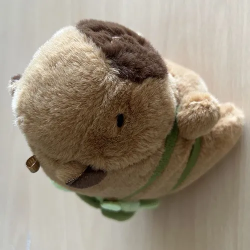 Porte-clés avec un jouet doux en forme de capybara brun avec un sac à dos en textile vert. Produit vendu en ligne, notamment via Amazon (ASIN: B0CP6VKLGP).
