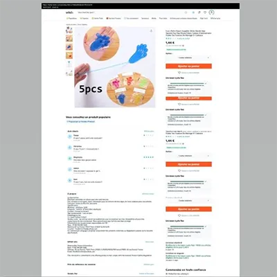 Jouet collant en plastique sous la forme d'une main avec un cordon. Produit vendu en ligne, notamment via Wish.