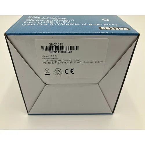 Lanterne de camping grise 8 LED avec radio FM, environ 25 cm de hauteur. Alimenté par manivelle, panneau solaire ou piles AA. Produit vendu en ligne, notamment via teknikproffset.se.